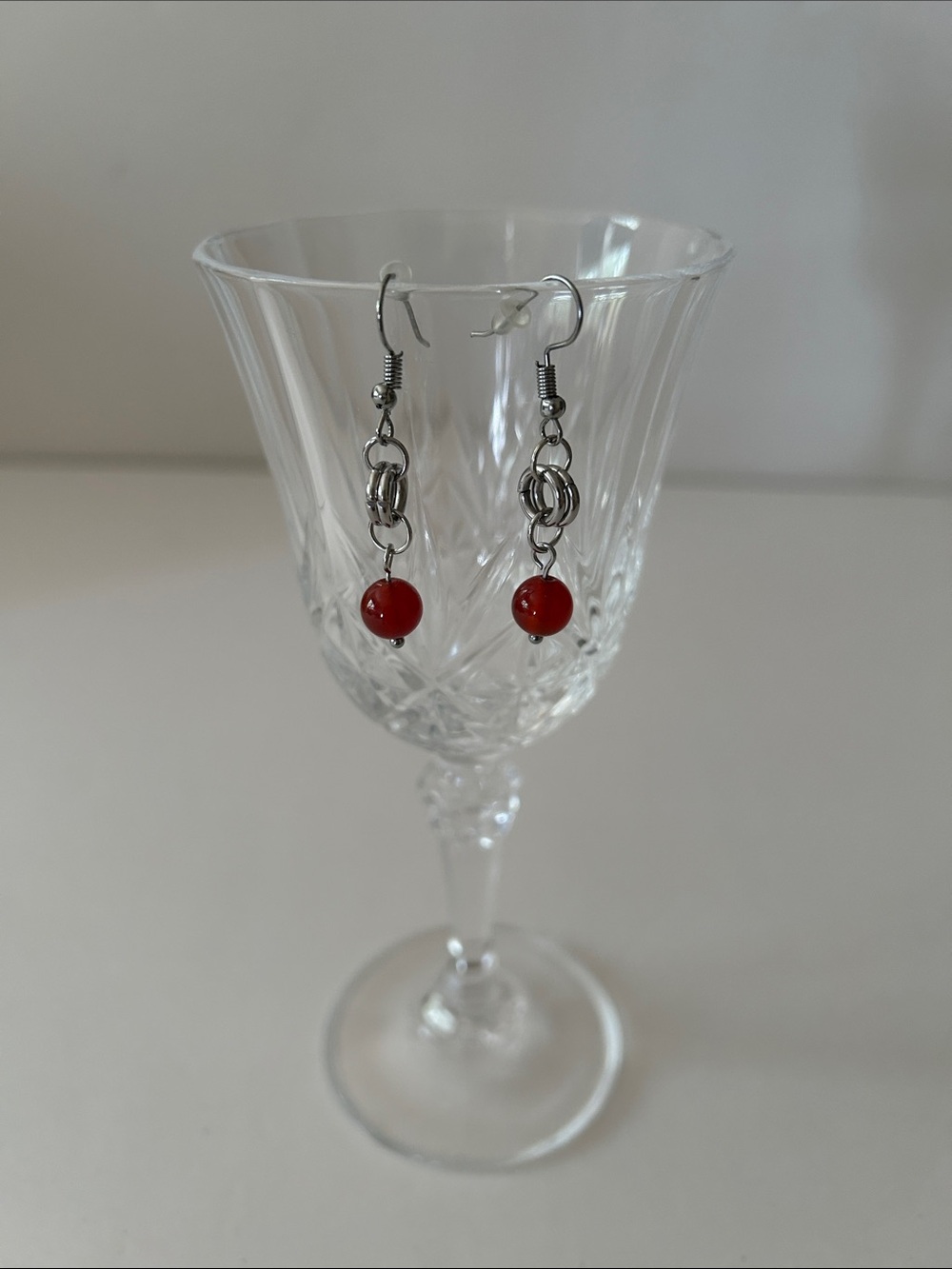 Red Bead Drop Earrings with Silver Chain Links